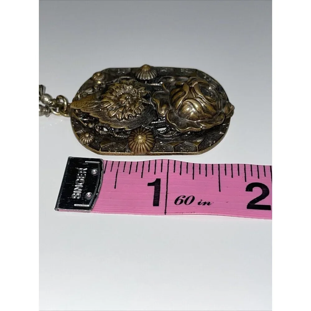 Vintage Brass Rose Pendant Necklace With Plastic Beaded Roses Filigree Stunning!